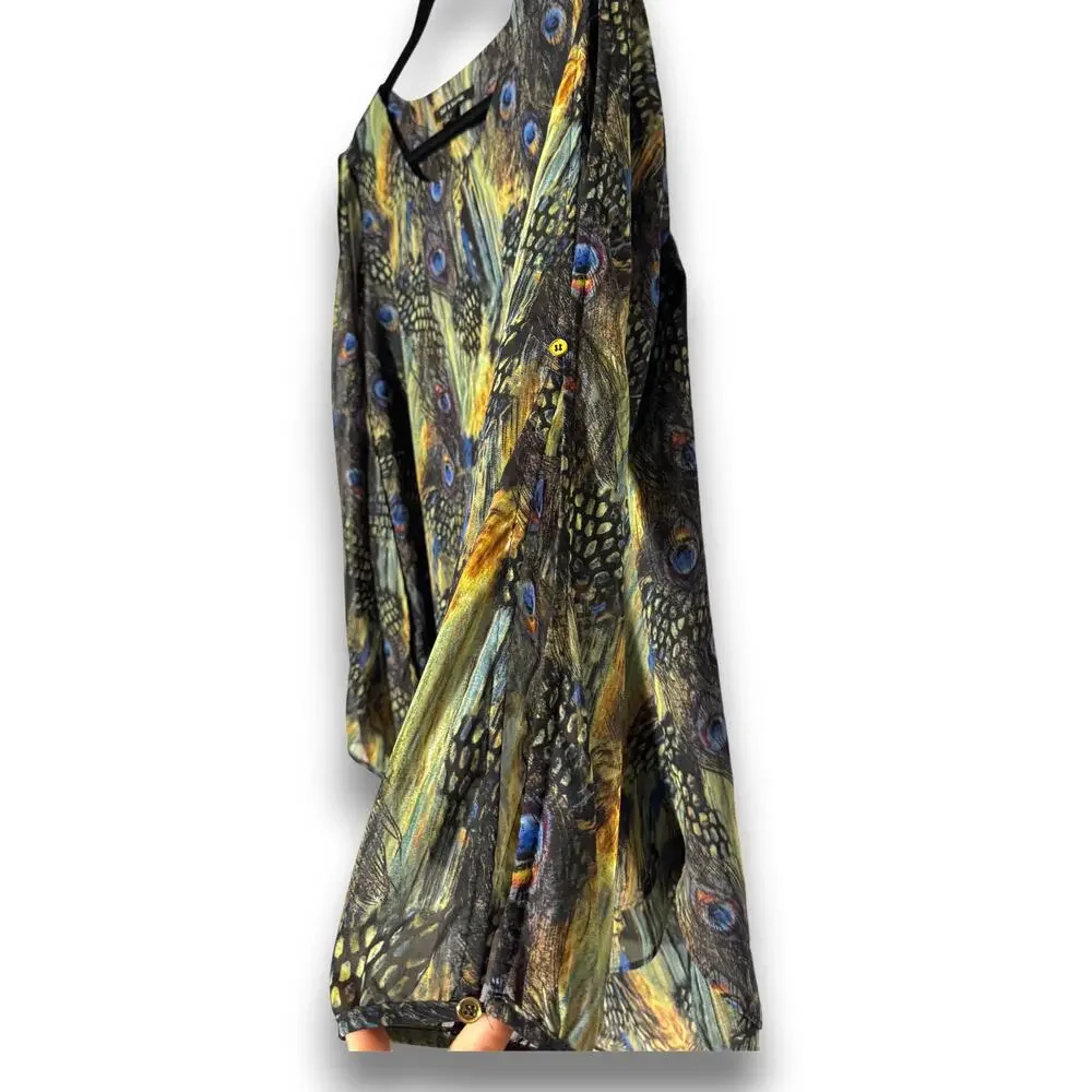 Zac and Rachel Women Medium Peacock Feather Print Sheer Layered Blouse Blue Gold - Picture 2 of 8